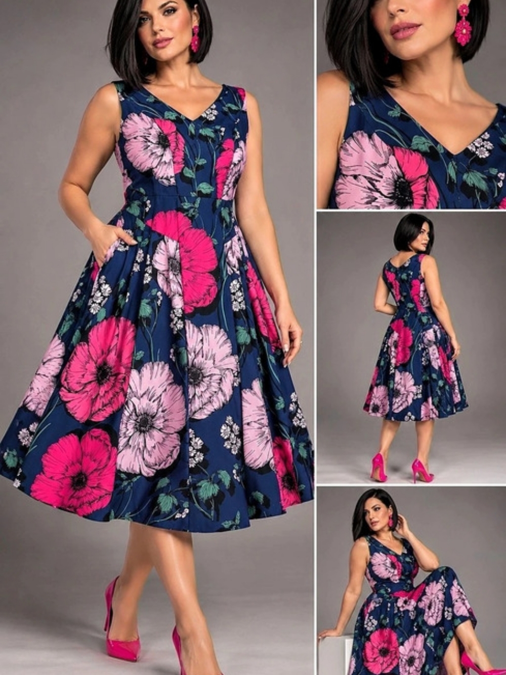 Kay Unger Floral Midi Dress Blue & Pink Size 12